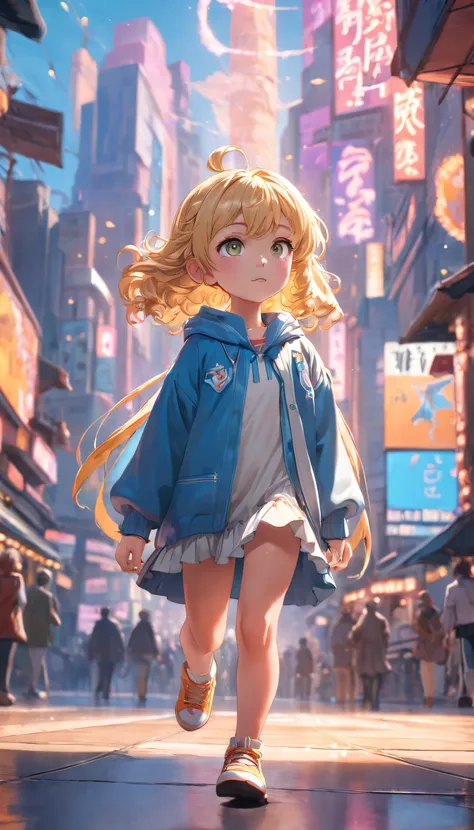 (Full body posing:1.5), (colorful:1.2), Dynamic angle, (extremely detailed CG unity 16k wallpaper:1.1), (Denoising strength: 1.45), (tmasterpiece:1.37), Create a character set for curly blonde 4 year old girls, Stunning 3D 12K resolution, Detailed full bod...