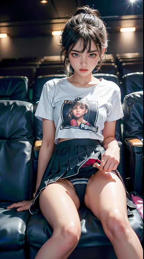 a 18 year old girl, Sitting in a movie theater, Bokeh, Perfect Figure, (((Hand-lifted skirt, boxer shorts, I can see the panties))), ((My eyes crossed, captivating)), Short T-shirt, slim tummy, (mini-skirt),(Spread your legs)