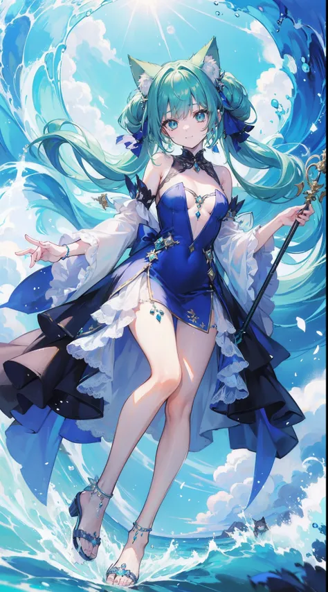 ((masterpiece, best quality:1.1))、8k、Beautiful girl with green hair，Curly，disheveled hair，Cats ears, Pastel Blue Dress，A deep blue gemstone is set on the chest.，bare-legged，Wear a blue ankle ring on your ankle，(Staff with azure jewelry)，Behind him is a ter...