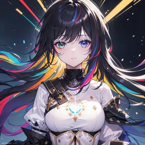 {{masterpiece}}, best quality, extremely detailed CG unity 8k wallpaper, cinematic lighting, lens flare, beautiful detail eyes, black,  side glance,  multicolor hair, colorful light, particles, heterochromia, (colorful:1.5), (colorful hair:1.5),