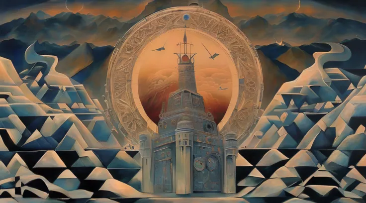 painting of a clock tower in a surreal landscape with mountains, painting of ornate space ship, by Julian Fałat, by Tomek Setowski, beksiński and james jean, intricate futurism, symmetrical epic fantasy art, by Artur Tarnowski, sergey zabelin, inspired by ...