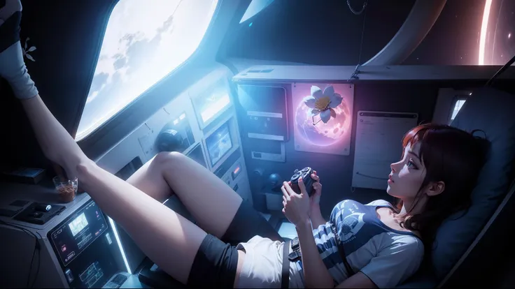 One beautiful and board girl enjoying at rest in a 30 meter space pod , perfect long slim legs, no light glare, wearing shorts up to her waist, perfect anatomy, profile medium shot, inside an escape pod, short pixie cut brown-red hair, Caucasian, holding a...