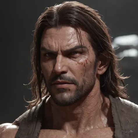 (professional 3d render:1.3) af (Realistic:1.3) most beautiful artwork photo in the world，Features soft and shiny male heroes, ((Epic hero fantasy muscle man rough wet hero angry look long hair short beard and ferocious expression in dynamic pose, Fantasti...