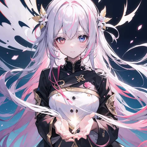 {{masterpiece}}，Best quality at best，Very detailed CG unity 8k wallpaper，电影灯光，lens flare glow，beatiful detailed eyes，black in color，side looking，Pink-white is the predominantly multi-colored hair，Colorful light，particulate，Heterochromia，（a color：1.5），（The ...