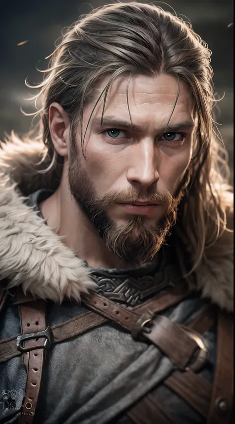 photograph  of a viking warrior with dirt in his face, broad shoulders, armor, heroic, beard, pronounced cheekbones, cloudy, masterpiece, best quality, high quality, 4K, trending, hard ring light, 50mm