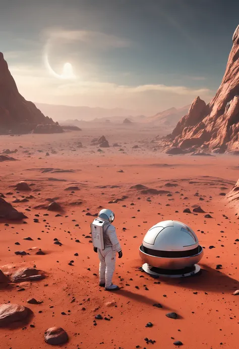 A photo realistic rendering of a human colony on Mars. A lone astronaut in a white space suit stands on the surface of Mars, red dust and rocks under their feet. They look up at a futuristic habitat dome with sleek architecture half buried in the martian s...