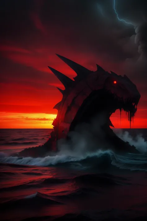 There is a mutated monster in the rapidly polluting waters，MuCoi，nausea，Unknown creatures of the ocean，Armageddon，Wasteland，The end of the world，blood red colored sky，8K，