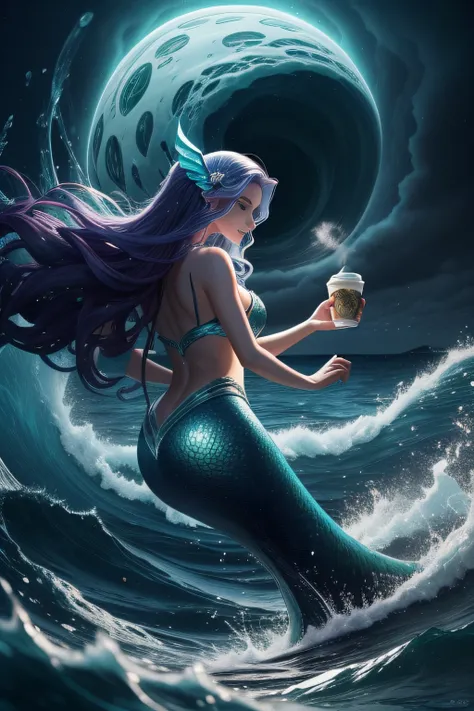 A mesmerizing digital artwork depicting the Starbucks mermaid logo transformed into an enchanting sea witch, fierece face, sharp teeth, summoning a tidal wave of coffee and pastries as a storm brews in the background, night storm