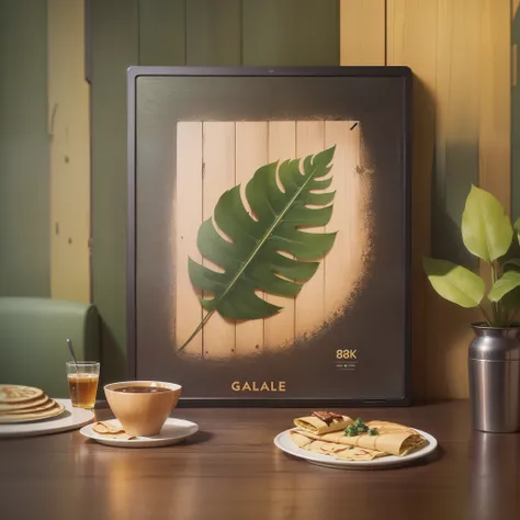 Poster artwork,  laptop, crepes and galettes at the tables (oak-colored wood) , green and gold seating elements and black and gold elements around it. Nature, leaf, detailed, cozy place, 8k, cinematic lighting, masterpiece, illustration, 16k