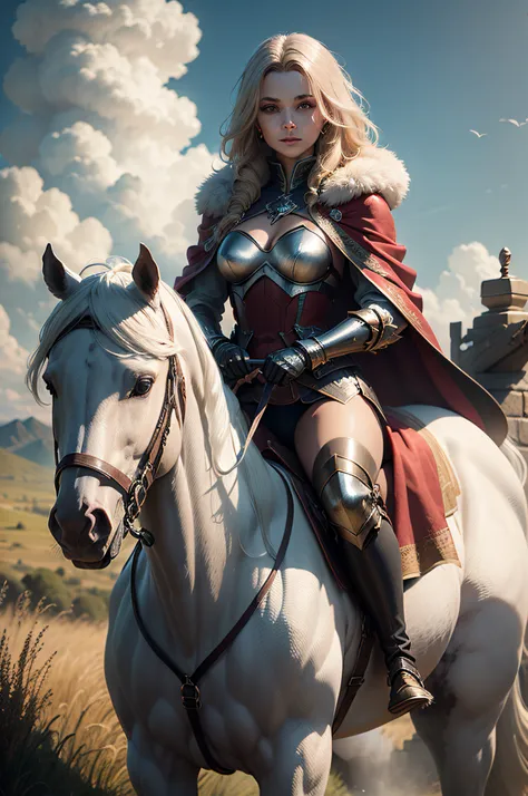 a red cloak covering a Caucasian woman riding on the back of a white horse, shiny gold scale armor, wildflowers, and grasses, a mix of light and dark, a mix of blue and neutral colors, splash mist effects, perfect skin, beautiful face, perfect eyes with de...