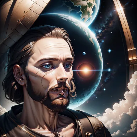 a man Jesus the some of god siting with Alien extra terrestrial Alien, in side a space ship looking at planet Earth out side the space ship (Masterpiece - Illustrations - Detailed - Best Quality)) 8k