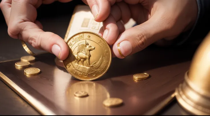 "A highly detailed capture of a hand holding an ancient gold coin adorned with a pharaoh symbol, showcasing intricate details and reflections."