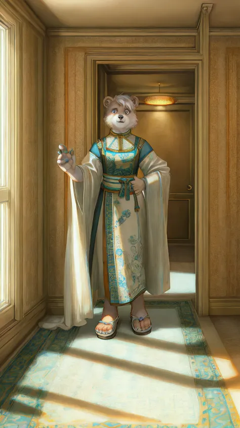 Bionic bear，female，White Hanfu，sandals，Children，Standing on the carpet in the hotel，HD graphics，Detailed and realistic，high detal，high qulity，photo-realistic，photorealistic eye，Detailed paws，Clear eyes，Masterpiece artwork，Five-fingered hands，top-quality，32...