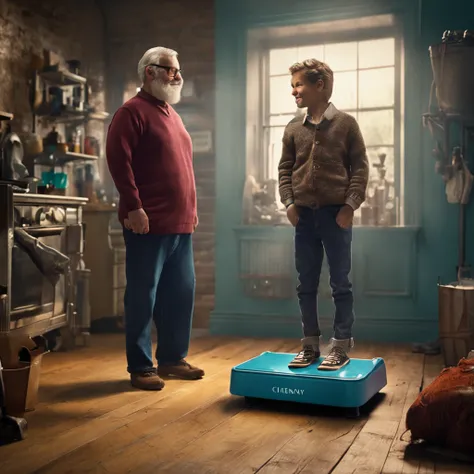 Man in happy clothes weighing himself on a scale