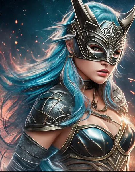 superhero  woman with viking mask,Mascared woman lovely, beautiful, blue hair, intricate  details, --auto --s2