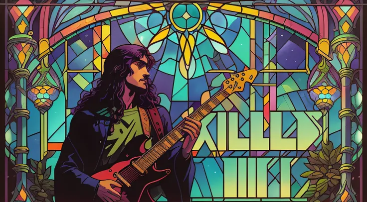 a close up of a person with a guitar in front of a stained glass window, progressive rock album cover, kilian eng. Moebius, fan art, album art, full color illustration, the god of music, cover art, album artwork, cover illustration, promo art, in style of ...