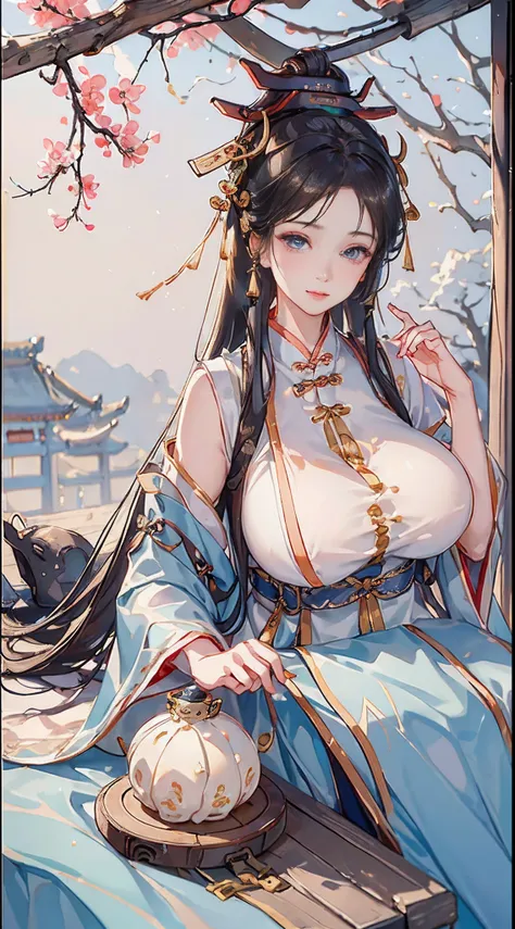 Best picture quality，8K, )，(Close-up)，(Han clothing, Hanfu :1.5)，{26-year-old lactating woman}， (Huge breasts:1.6), (Areola:1.4)，ssmile，Milky white dumplings，In a tea house，east asian architecture