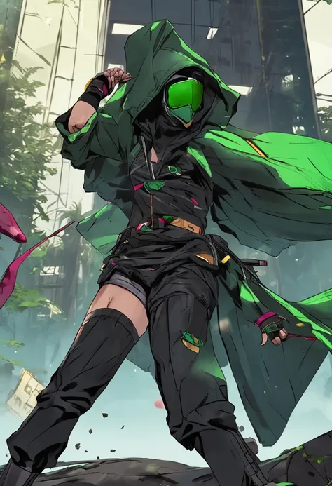 Black personagen in black and green kimono mask and hood with a katana at the waist realistic cyberpunk style 8k