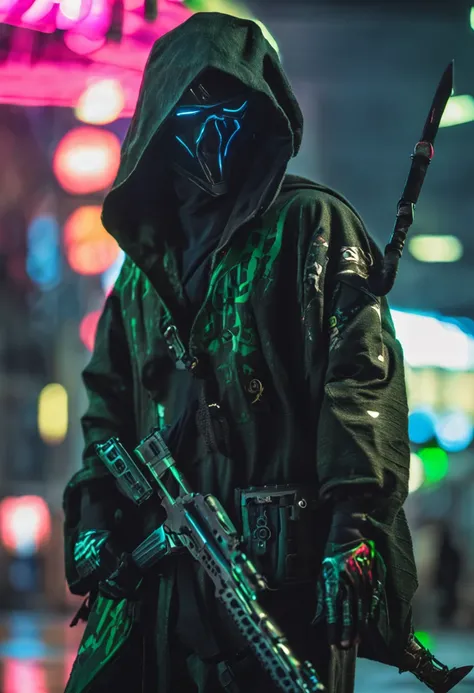 Black personagen in black and green kimono mask and hood with a katana at the waist realistic cyberpunk style 8k