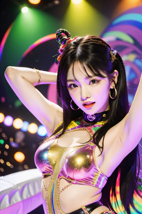 Solo idol performance featuring Eri Kamei from Morning Musume. Theme is Rainbow, Capture the vibrant essence, Multi-colored shades. She is decorated with an idol outfit that reflects the colors of the rainbow. The stage is a live concert, Illuminate her wi...