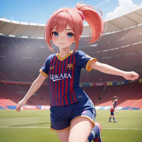 ((9year old girl:1.5)), complete anatomy, childrens body, child, super cute, girl, little girl, random poses,random angles,

Soccer, fc barcelona jersey, outdoors, lawns, dribbling, ponytail hairstyles, running,Camp Nou football stadium,Thick red and navy ...