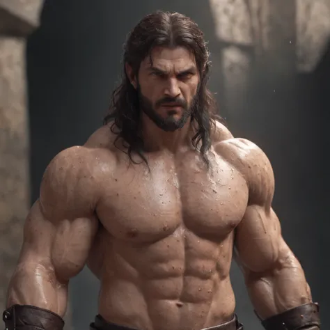 (professional 3d render:1.3) af (Realistic:1.3) most beautiful artwork photo in the world，Features soft and shiny male heroes, ((Epic hero fantasy muscle man rough wet hero angry looking long hair short beard and ferocious expression in dynamic pose, Fanta...