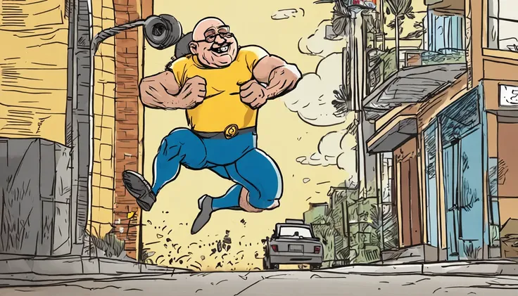 Theres a man running down the street in a yellow shirt, Danny DeVito como Dr.. trabalhador, Danny DeVito como Dr.. Eggman, corra pela sua vida, Danny DeVito como Superman, Danny DeVito como Wolverine, running fast towards the camera, Danny DeVito como John...