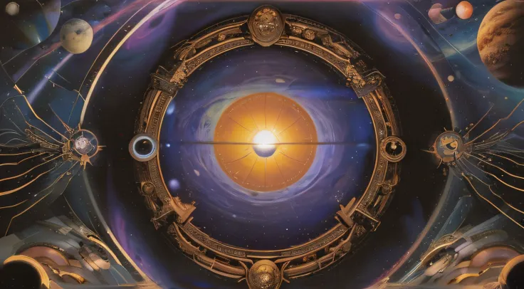 painting of a circular space with a sun and planets in the background, star - gate of futurisma, dimensional portal, portal into...