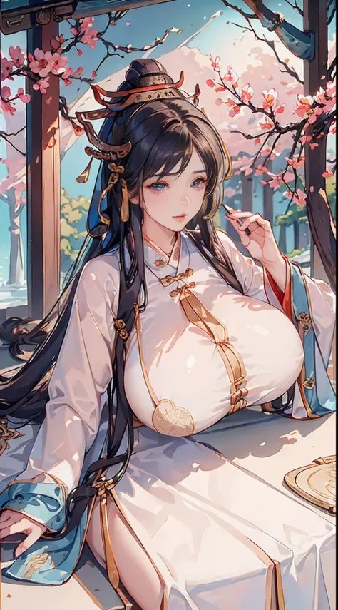 Surface best quality，8K, )，(Close-up)，(Han clothing, Hanfu :1.5)，{26-year-old lactating woman}， (Huge breasts:1.6), (Areola:1.4)，ssmile，Milky white dumplings，In a tea house，east asian architecture