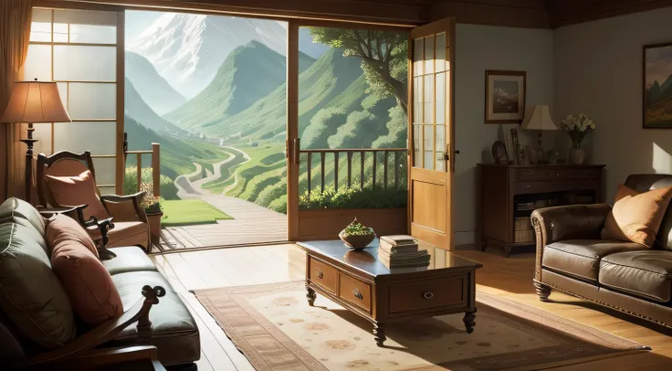 Picture of a family reunion，jubilation，Large living room space，Hand drawn illustrations，Ghibli studio style，romanticized landscapes，Adventure theme，Less detail，cartoony