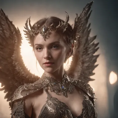 (masterpiece, CGI:1.4), (half-demon, half-angel character:1.3), (surreal beauty:1.2), (mesmerizing presence:1.1), (Rembrandt lighting:1.2), (contrasting shadows and highlights:1.2), (divine wings:1.2), (sinister horns:1.1), (angelic halo:1.1), (piercing ga...