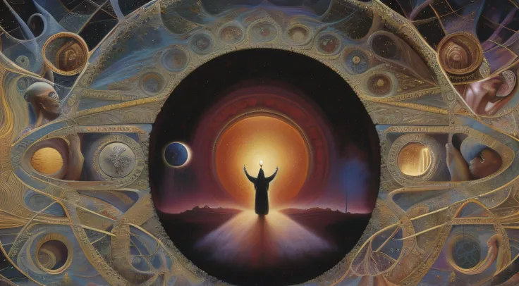 painting of a man standing in a doorway with a light at the end, by tomasz alen kopera, inspired by Johfra Bosschart, by Johfra Bosschart, visionary art, opening a shining portal, zdzislaw beksisnski, visionary painting, paul laffoley, by Don Maitz, portal...