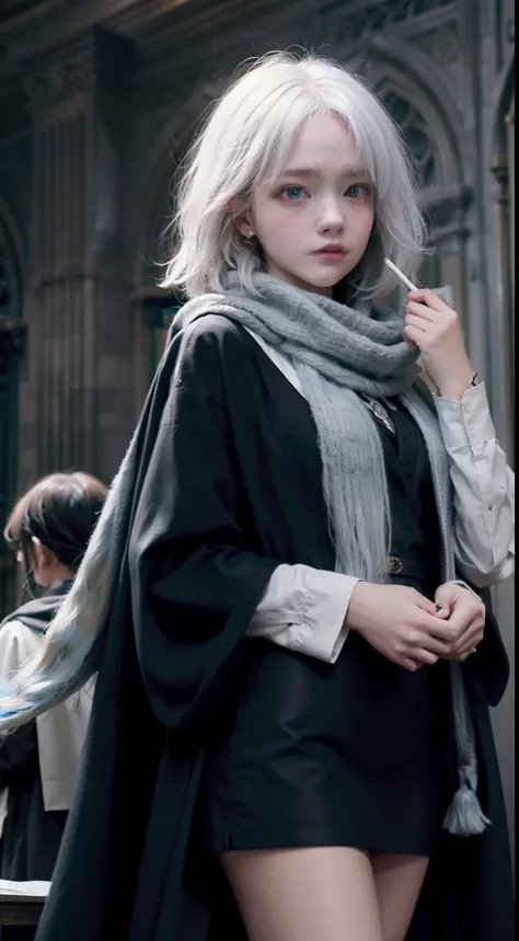 《harry potter》校服，real girl，white color hair，blue color eyes，european looks，in library，（rim-light），wearing black wizarding robes，...