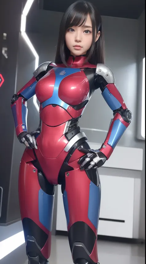 (Photorealsitic:1.4)、one girl、(top-quality)、(hyperdetailed face)、(Super well-formed face)、((Robot Parts))、(Female-Robot)、(25 years-old)、(Blue)、(pink there)、(Burgundy)、(metallic)、(full-body)、(sexy  pose)、(Slender body)、(Model body type)、(full body mech)、(me...