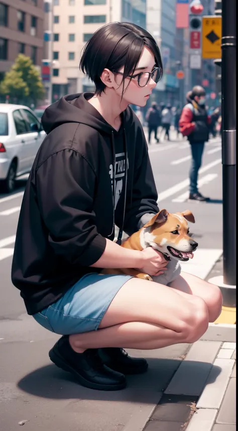 A man crouches on the ground holding a dog similar to the one from the previous task