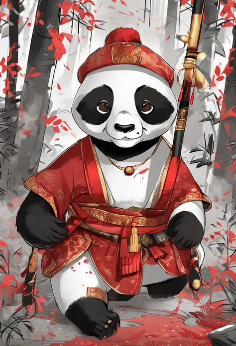 Panda Experience Dan：The main color is black and white，The facial features of the panda are obvious，Wearing a red belly pocket，The belly pocket is printed with the golden word "Fu"，Holding a long red staff，A small hang tag hangs from the long staff，The han...