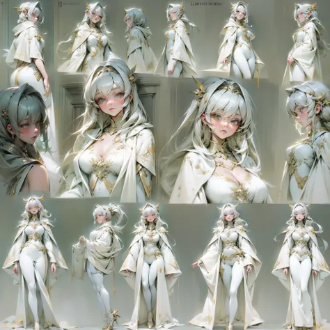 ((Masterpiece, Highest quality)), Detailed face, CharacterDesignSheet，full bodyesbian, Full of details, Multiple poses and expressions, Highly detailed, Depth, Many parts，beuaty girl，cinmatic lighting，with light glowing，White robes，lacepantyhose，high-heels