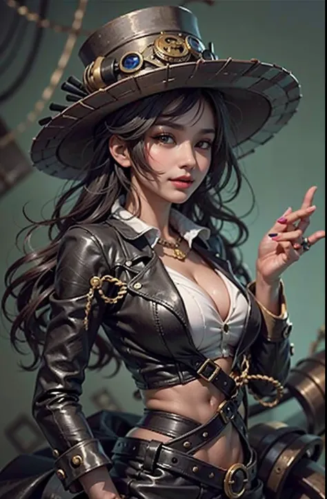 Mrs. Alafeld – steampunk costume and hat pose, steampunk beautiful anime woman, Lady in steampunk hat showing off her nails, In the style of Thomas Barceló, fisheyelens, Happy core, Multicultural elements, Dark brown and magenta, Dr. Seuss, Absinthe cultur...