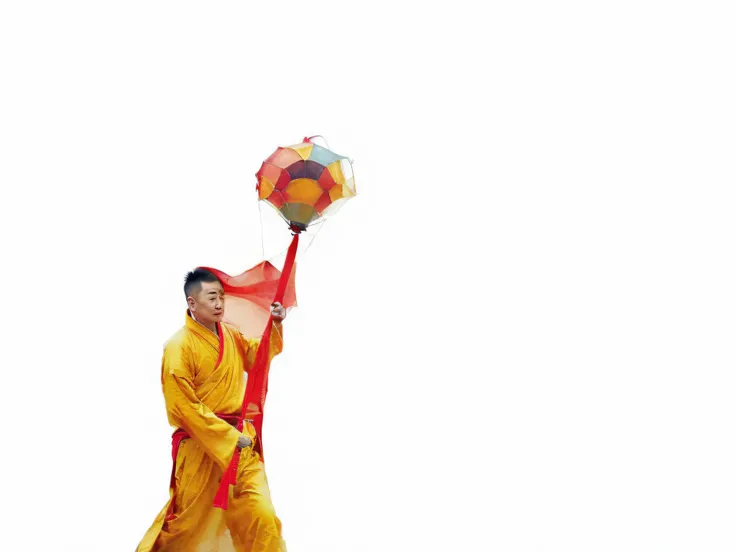 Dressed in yellow and red, Alatei holds a colorful kite, tai costume, Man with balloons, Taoist, Lu Ji, Inspired by Seki Dosheng, Chinese Warrior, inspired by Gong Xian, buddhist monk, carrying a magical staff, Daoism, traditional tai costume, nanquan, Wu ...