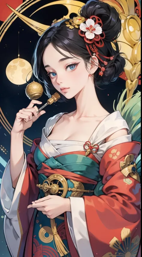 Erte Ukiyo-e style　Anne Anderson Anime　wondrous　strange　Whimsical　Sci-Fi Fantasy　Music boxes are a dream device　screwdriver　gear wheel　structures　maintenance, solo girl, sweet innocent sexy beautiful face, perfect body, hyperdetailed high quality high reso...