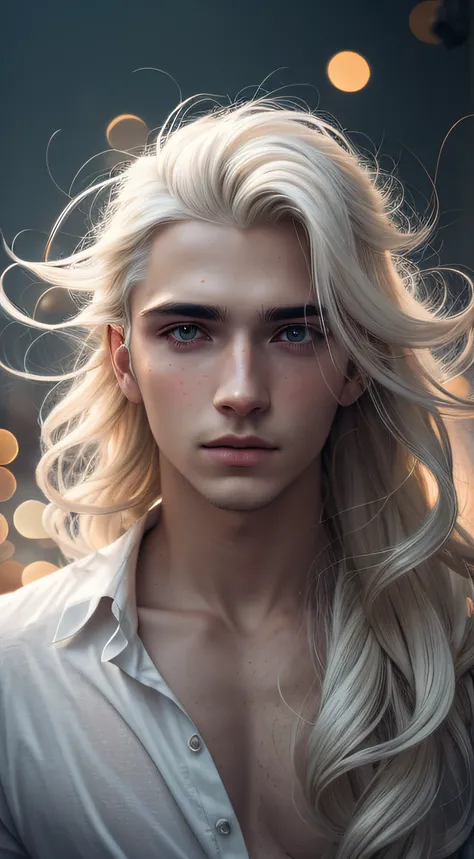 Beautiful [man with platinum blonde hair, long wavy hairstyle] and sparks behind his, in the style of Alessio Albi, bokeh, [light white and dark orange], dotted, uhd image, serene faces