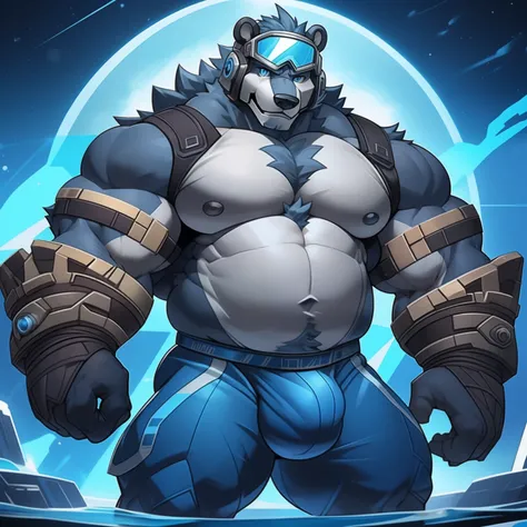 Solo, Male, Black Bear General, Titanium helmet，Plasma goggles，cheeky face, Wide face, Broad shoulders, Muscular, buff, Strong, Tall, Giant, Huge amounts of pubic, immensity, Gigantic, large biceps, large pecs, The generals belly，Blue-gray hair, blue color...