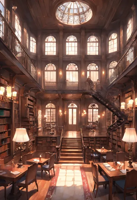 outstanding，European style building interior，The background is the library，There are transparent windows on the walls，There are European-style lamps on both sides，There are handheld stairs on the left and right，There is a table in the foreground，There was ...