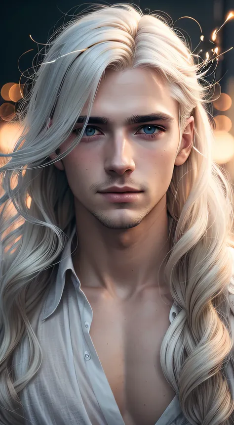 Beautiful [man with platinum blonde hair, long wavy hairstyle] and sparks behind his, in the style of Alessio Albi, bokeh, [light white and dark orange], dotted, uhd image, serene faces