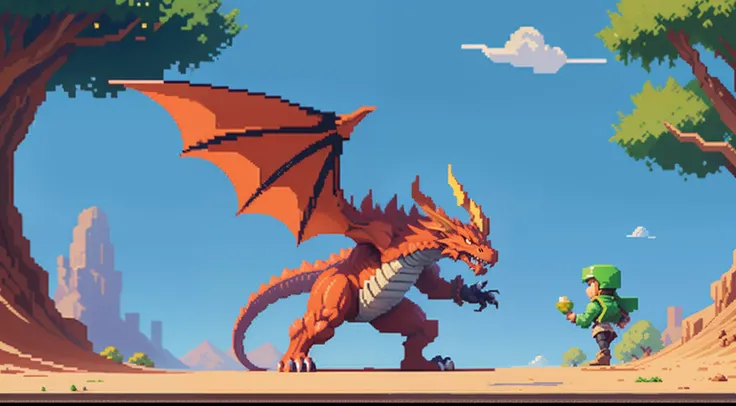 drak，Humanity，warrior，Dragon slaying，combats，A desert，blue-sky，baiyun，depth of fields，Dragon pixel art, 1 0 0 0 x 1 0 0 0 pixel art, pixel art sprite, videogame sprite, high quality pixel art, Pixel art vintage Digimon bitmap, For red and blue Digimon，Pixe...