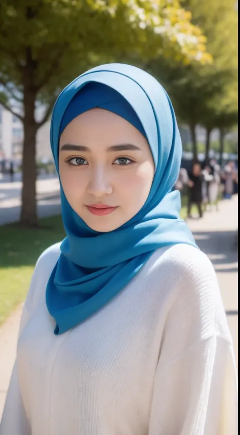 Araffe women,((Best Quality, 8k, Masterpiece:1.3))),1Girl, Solo, selfie:1.3, Beautiful Woman with Perfect Figure, wearing pasmina hijab, hijab, Blue headscarf, no hair seen, Teens, Detailed Eyes, Long White dress, Double Eyelids, outdoor, walking in the pa...