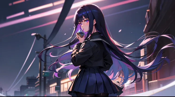 Long dark blue hair, Purple eyes, Black pleated skirt，Inside was a white sailor suit，Wearing black pantyhose, Plump body, An anime character, Only one person，Drinking brown drinks on the street