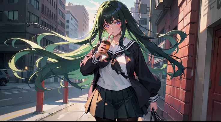 Long dark green hair, Purple eyes, Black pleated skirt，Inside was a white sailor suit，Wearing black pantyhose, Plump body, An anime character, Only one person，Drinking brown drinks on the street