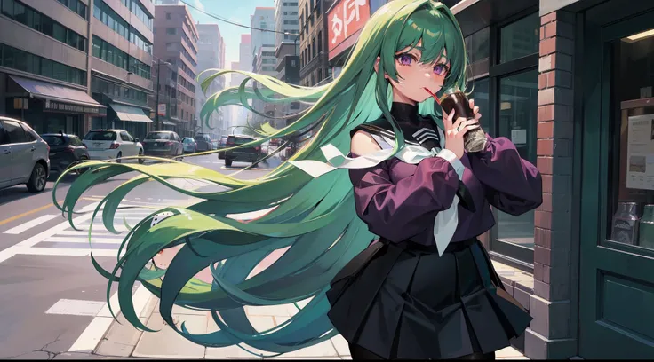 Long dark green hair, Purple eyes, Black pleated skirt，Inside was a white sailor suit，Wearing black pantyhose, Plump body, An anime character, Only one person，Drinking brown drinks on the street