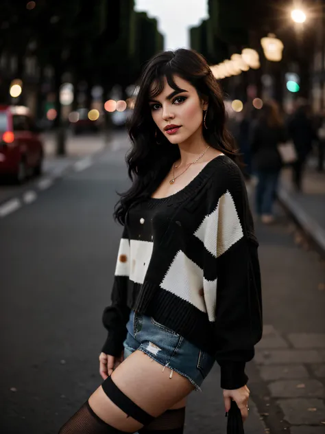 (sharp focus: 1.2), photo (full body) (American flat), attractive 25-year-old, in Paris, (beautiful face: 1.1), detailed light brown eyes, delicious lips, (eye makeup: 0.85), (medium breasts: 1.0), (firm body: 1.2), (soft long black hair: 1.2), (long bangs...